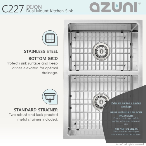 AZUNI 27"L x 18"L Double Bowl 60/40 Undermount and Drop-in 16G Reversible Kitchen Sink with grids and Basket Strainers C227