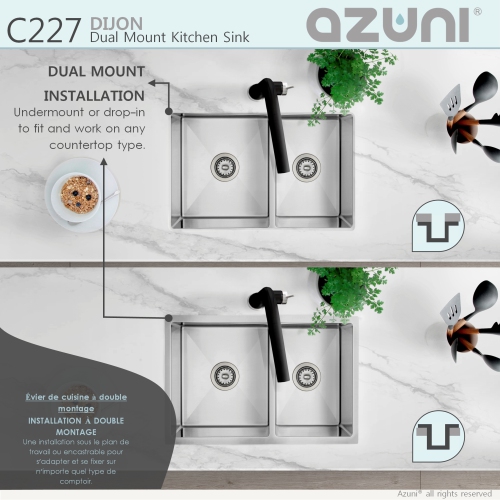 AZUNI 27"L x 18"L Double Bowl 60/40 Undermount and Drop-in 16G Reversible Kitchen Sink with grids and Basket Strainers C227