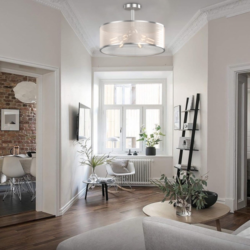 Costway 6-Light Semi Flush Mount Ceiling Light Pendant Lamp w/ Fabric Drum-shaped Shade