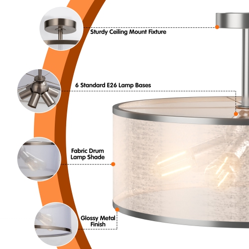 Costway 6-Light Semi Flush Mount Ceiling Light Pendant Lamp w/ Fabric Drum-shaped Shade