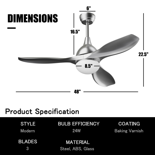 Costway 48" Ceiling Fan w/ Remote Control Dimmable LED Light Modern Reversible Blades
