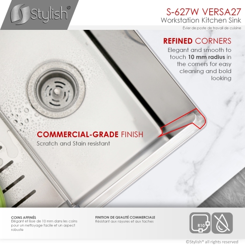 STYLISH 27 inch Workstation Single Bowl Undermount 16 Gauge Stainless Steel Kitchen Sink with Built in Accessories