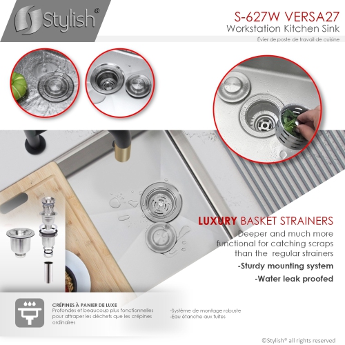 STYLISH 27 inch Workstation Single Bowl Undermount 16 Gauge Stainless Steel Kitchen Sink with Built in Accessories