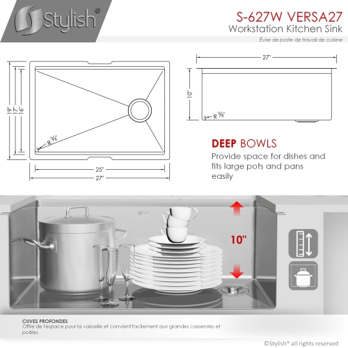 STYLISH 27 inch Workstation Single Bowl Undermount 16 Gauge Stainless Steel Kitchen Sink with Built in Accessories