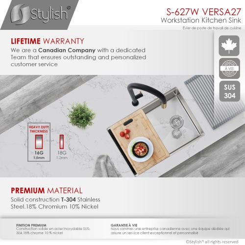 STYLISH 27 inch Workstation Single Bowl Undermount 16 Gauge Stainless Steel Kitchen Sink with Built in Accessories
