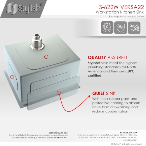 STYLISH 22 inch Workstation Single Bowl Undermount 16 Gauge Stainless Steel Kitchen Sink with Built in Accessories