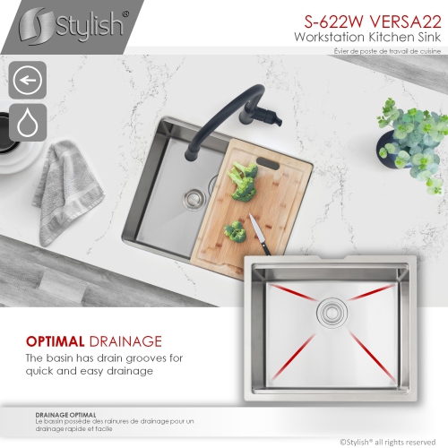 STYLISH 22 inch Workstation Single Bowl Undermount 16 Gauge Stainless Steel Kitchen Sink with Built in Accessories