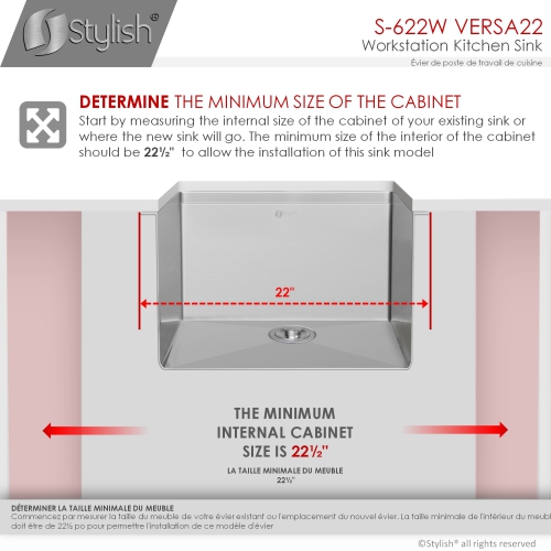STYLISH 22 inch Workstation Single Bowl Undermount 16 Gauge Stainless Steel Kitchen Sink with Built in Accessories