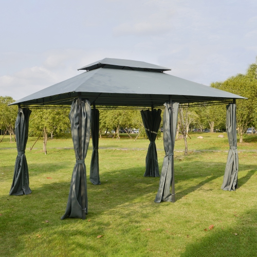 Outsunny 10' x 13' Patio Gazebo, Outdoor 2-Tiers Garden Canopy Yard Sunshade Shelter with Curtains, Grey