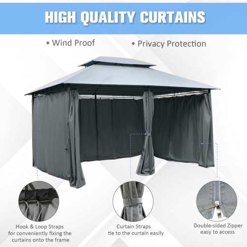 Outsunny 10' x 13' Patio Gazebo, Outdoor 2-Tiers Garden Canopy Yard Sunshade Shelter with Curtains, Grey