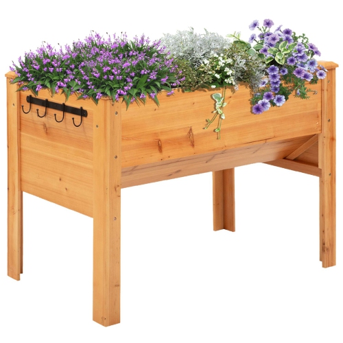 Outsunny Raised Garden Bed with Hooks, 660lb Capacity Wood Elevated Planter Box with Water Draining and Liner, Funnel Design for Vegetable, Herbs,