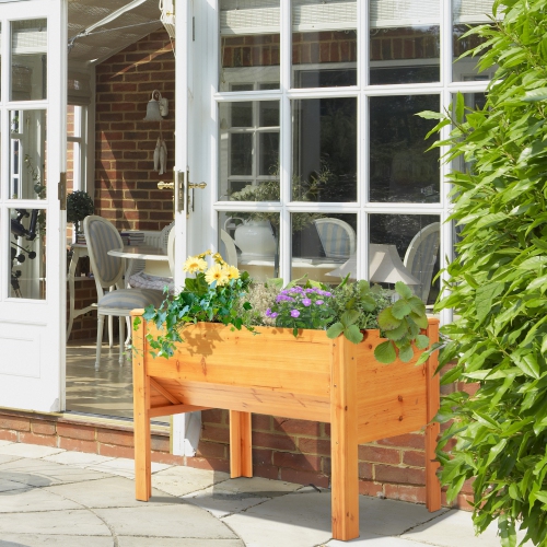 Outsunny Raised Garden Bed with Hooks, 660lb Capacity Wood Elevated Planter Box with Water Draining and Liner, Funnel Design for Vegetable, Herbs,