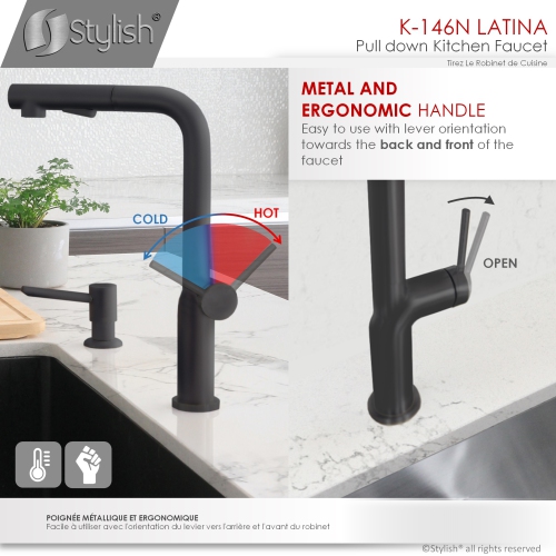 STYLISH Kitchen Sink Faucet Single Handle Pull Down Dual Mode Stainless Steel Matte Black Finish K-146N