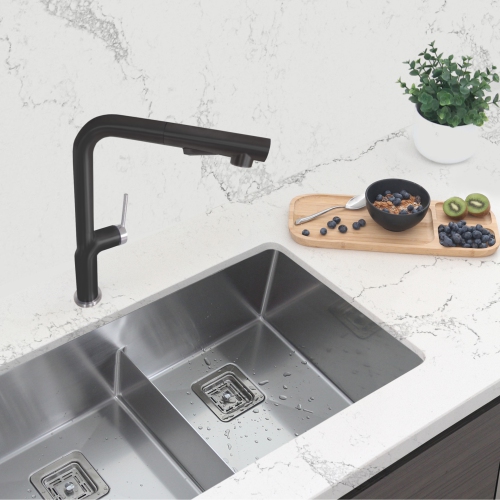 STYLISH Kitchen Sink Faucet Single Handle Pull Down Dual Mode Stainless Steel Matte Black/Silver Base and Handle Finish K-146NS