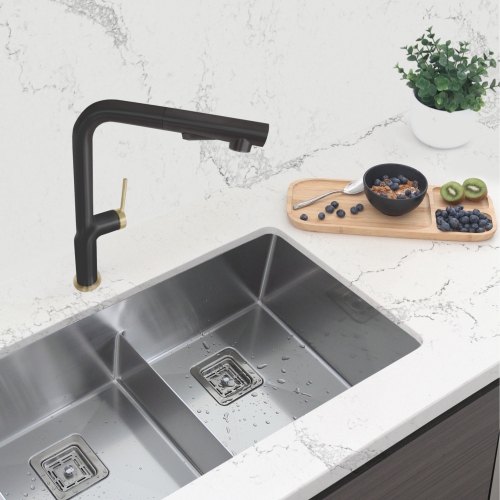 STYLISH Kitchen Sink Faucet Single Handle Pull Down Dual Mode Stainless Steel Matte Black/Gold Base and Handle Finish K-146NG