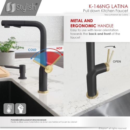 STYLISH Kitchen Sink Faucet Single Handle Pull Down Dual Mode Stainless Steel Matte Black/Gold Base and Handle Finish K-146NG