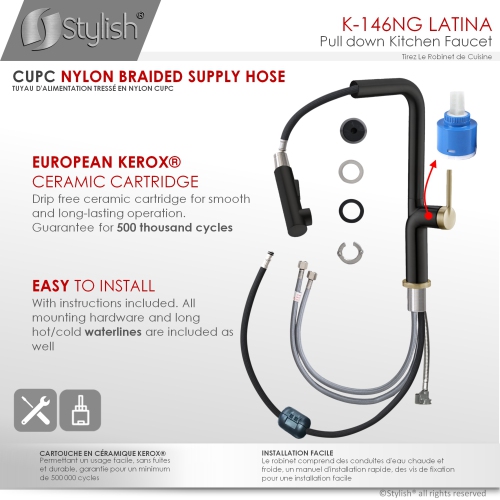 STYLISH Kitchen Sink Faucet Single Handle Pull Down Dual Mode Stainless Steel Matte Black/Gold Base and Handle Finish K-146NG