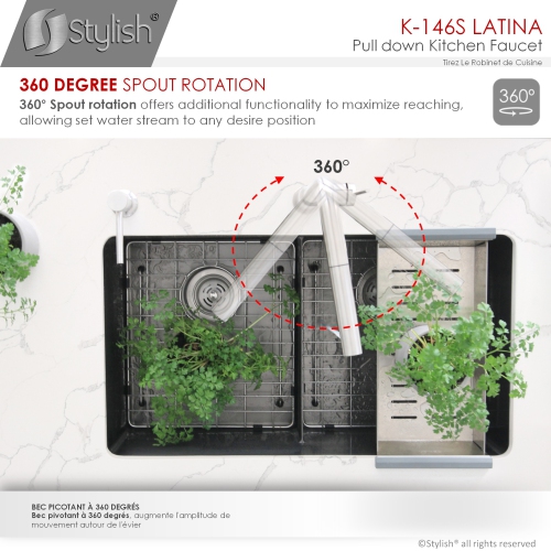 Robinet d'évier de cuisine ÉLÉGANT, poignée simple, deux modes, fini acier inoxydable brossé K-146S