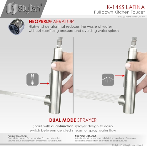 Robinet d'évier de cuisine ÉLÉGANT, poignée simple, deux modes, fini acier inoxydable brossé K-146S