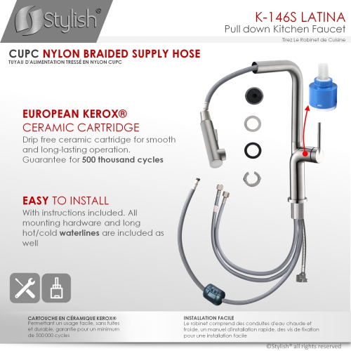 Robinet d'évier de cuisine ÉLÉGANT, poignée simple, deux modes, fini acier inoxydable brossé K-146S