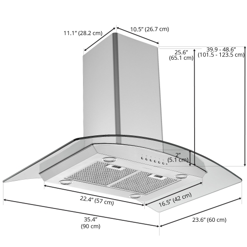 Ancona 36" 450 CFM Convertible Island Glass Canopy Range Hood in Stainless Steel with Auto Night Light Feature