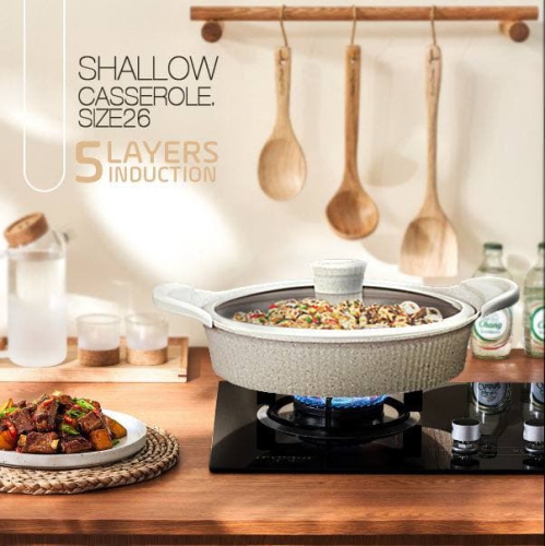 SHALLOW CASSEROLE 26CM/10.2" WITH GLASS LID AND SILICONE RIM DIE-CAST ALUMINIUM DURABLE