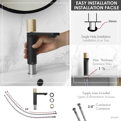 Stylish Riela Single Handle 7 1/2" Matte Black with Brushed Gold Bathroom Faucet B-104NG