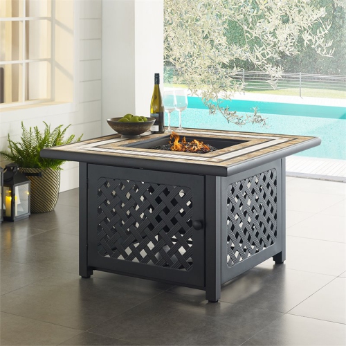 Crosley Tucson 40" Square Stone Top Patio Fire Pit in Brown