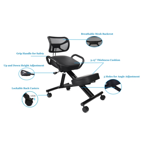 Black Ergonomic Kneeling Chair, Double Thick Padded Foam Steel Frame Adjustable Stool Posture Desk Stool with Orthopedic Knee Cushion