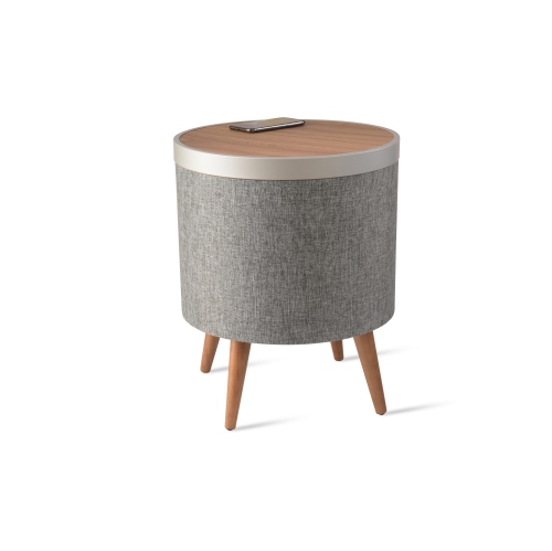 Meet ZAIN the KOBLE SMART HOME OFFICE Qi Wireless Charging Smart Sidetable with Blutooth speakers featured in Walnut/Grey/Silver