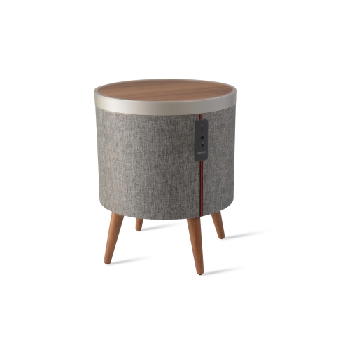 Meet ZAIN the KOBLE SMART HOME OFFICE Qi Wireless Charging Smart Sidetable with Blutooth speakers featured in Walnut/Grey/Silver