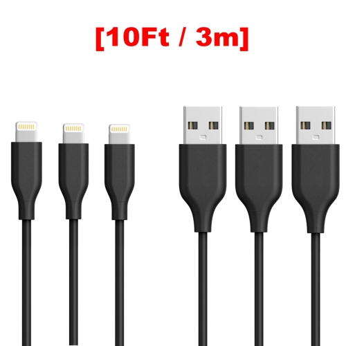 3 Packs](10Ft / 3m) Cordon de chargeur de charge iPhone Câble Lightning  vers USB pour AirPods iPod iPad Air Mini iPhone Pro Max, Noir