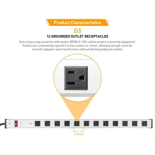 Barre d’alimentation en alliage d’aluminium robuste à 12 prises avec cordon de 5 pi