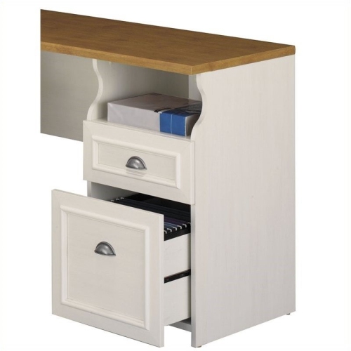 Pemberly Row L-Shape Wood Computer Desk in Antique White and Tea Maple