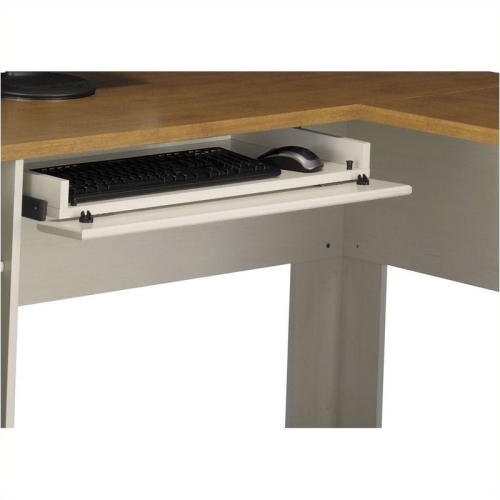 Pemberly Row L-Shape Wood Computer Desk in Antique White and Tea Maple