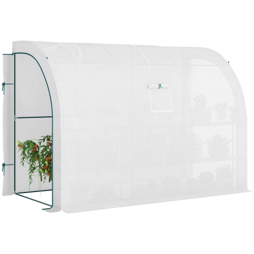 Maison verte de jardin Outsunny avec couvercle en polyéthylène, fenêtres, tablettes et portes à fermeture à glissière, 10 x x pi, mur de promenade