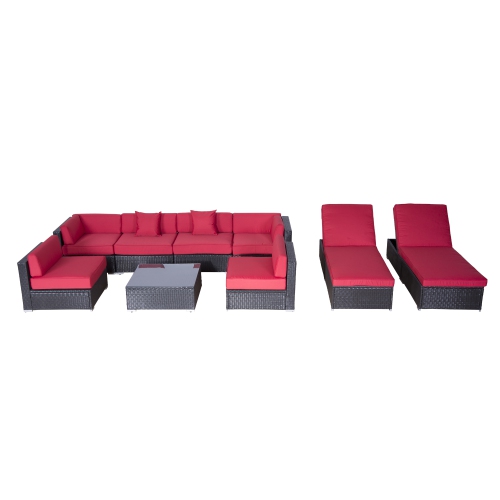 Ensemble de meubles de patio en osier de 9 pièces avec coussin Outsunny, ensemble de patio modulaire en rotin de polyéthylène avec 2 chaises longues