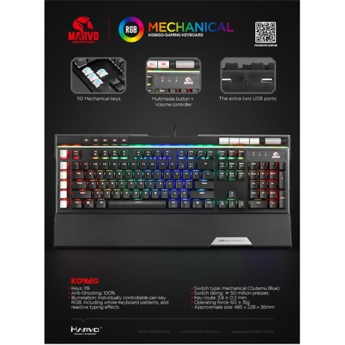Marvo Pro - Wired Mechanical Gaming Keyboard with 119 Keys and RGB Backlighting, Black