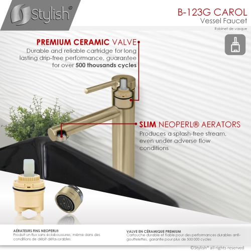 Robinet de lavabo de salle de bain ÉLÉGANT à une poignée, acier inoxydable, fini or brossé B-123G