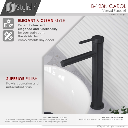 STYLISH Single Handle Bathroom Vessel Sink Faucet, Stainless Steel Matte Black Finish B-123N