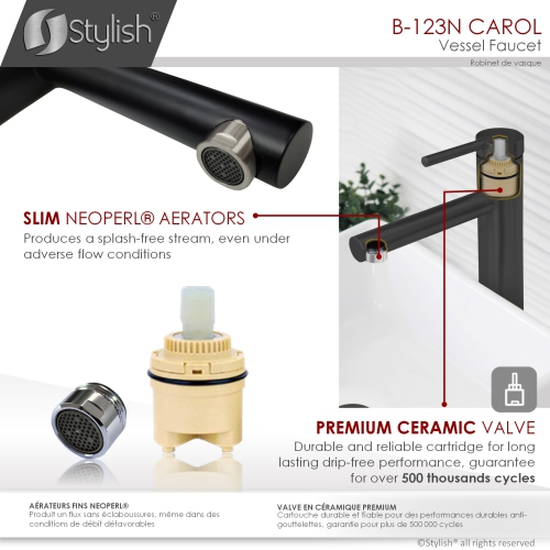 STYLISH Single Handle Bathroom Vessel Sink Faucet, Stainless Steel Matte Black Finish B-123N