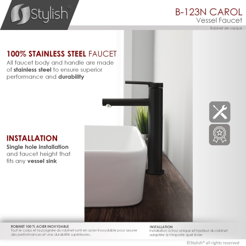 STYLISH Single Handle Bathroom Vessel Sink Faucet, Stainless Steel Matte Black Finish B-123N