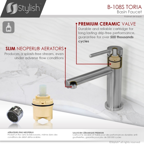 STYLISH Single Handle Modern Bathroom Basin Sink Faucet, Brushed Stainless Steel Finish B-108S