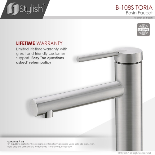 STYLISH Single Handle Modern Bathroom Basin Sink Faucet, Brushed Stainless Steel Finish B-108S