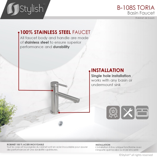 STYLISH Single Handle Modern Bathroom Basin Sink Faucet, Brushed Stainless Steel Finish B-108S