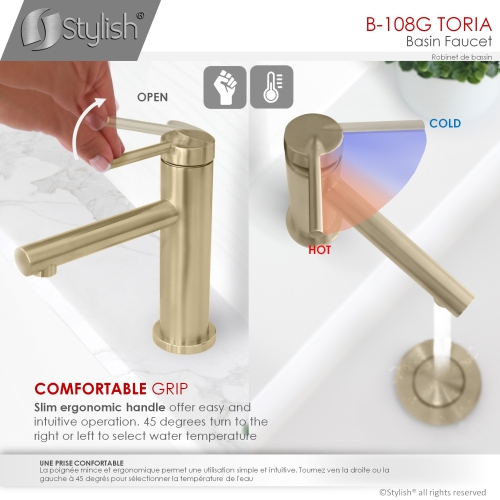 STYLISH Single Handle Modern Bathroom Basin Sink Faucet, Stainless Steel Brushed Gold Finish B-108G