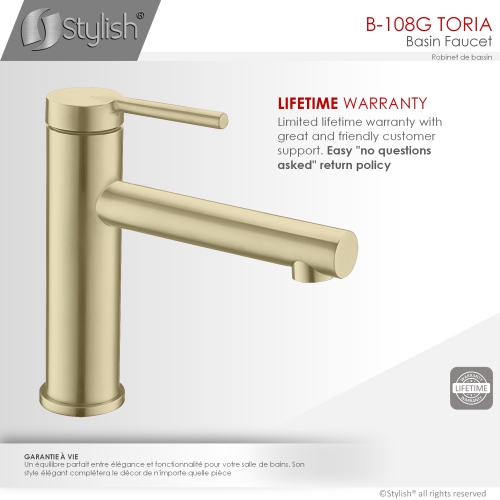 STYLISH Single Handle Modern Bathroom Basin Sink Faucet, Stainless Steel Brushed Gold Finish B-108G