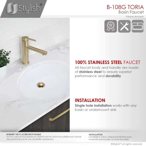 STYLISH Single Handle Modern Bathroom Basin Sink Faucet, Stainless Steel Brushed Gold Finish B-108G