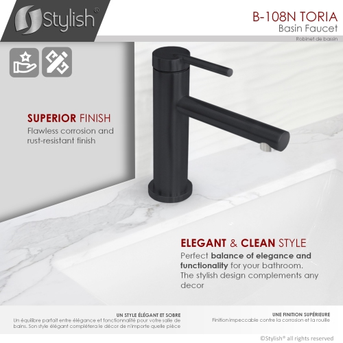 STYLISH Single Handle Modern Bathroom Basin Sink Faucet, Stainless Steel Matte Black Finish B-108N