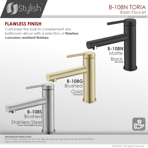 STYLISH Single Handle Modern Bathroom Basin Sink Faucet, Stainless Steel Matte Black Finish B-108N